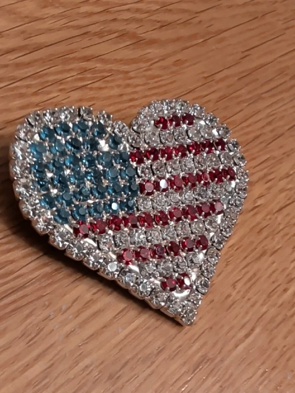Crystal American Flag Heart Brooch - Red, Blue & Silver